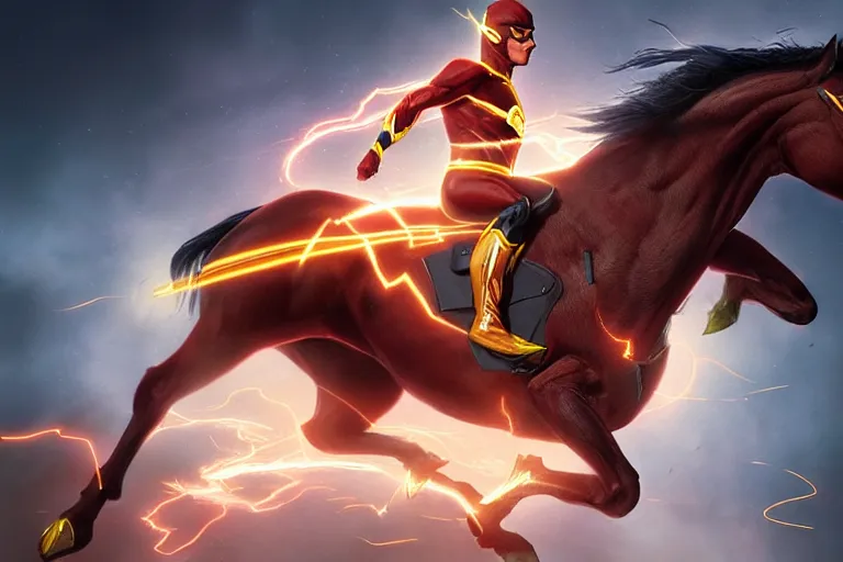 Image similar to a stunning digital painting of a horse as the flash in spandex costume, running in the speedforce by greg rutkowski, volumetric light, digital art, fine detail, photorealistic