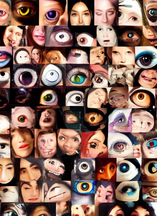 Image similar to diverse human eyes!, dot pupils, round pupil, happy smiling human eyes, round iris, advanced art, art styles mix, from wikipedia, various eye shapes, eye relections