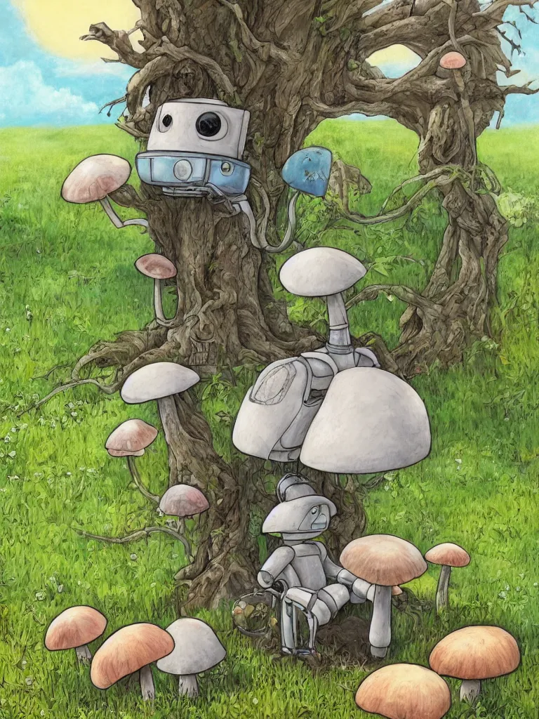 Prompt: hyper-realistic portrait painting of a rustic robot sitting under a tree, mushroom, in the style of Studio Ghibli, by Hayao Miyazaki, high quality, detailed, 8k, amazing, single robot