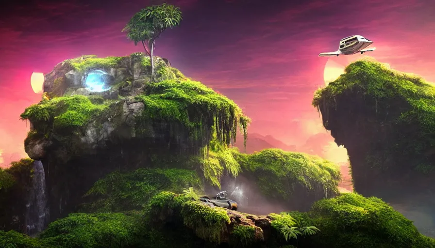 Image similar to a distant scifi flying car floating in a prehistoric jungle cave, lush flora, waterfall, sunset, hazy, volumetric lighting, rtx on, photorealistic render, great composition, very detailed