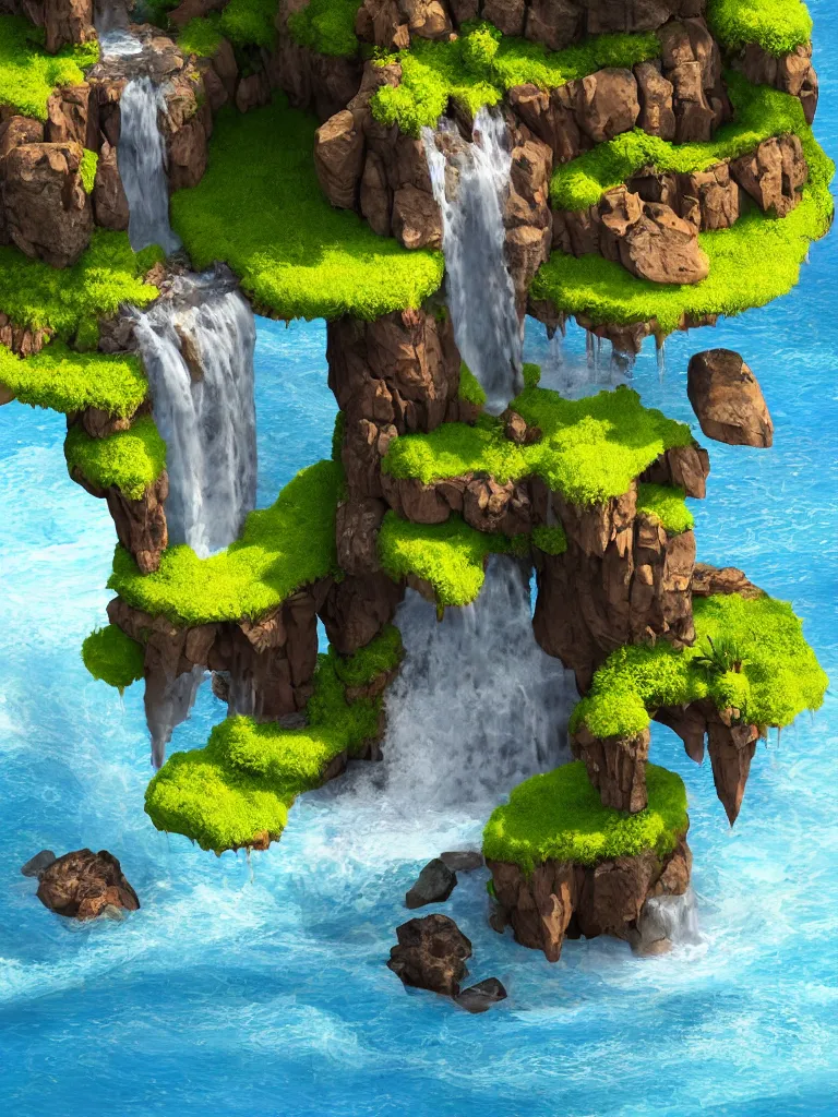 Image similar to bright sunny landscape of a tower on a tiny island with a long flowing waterfall, floating island, vignette, orthographic, vray