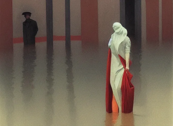 Image similar to woman dressed in plastic bags in paper bag over the head on flooded street Edward Hopper and James Gilleard, Zdzislaw Beksinski, highly detailed