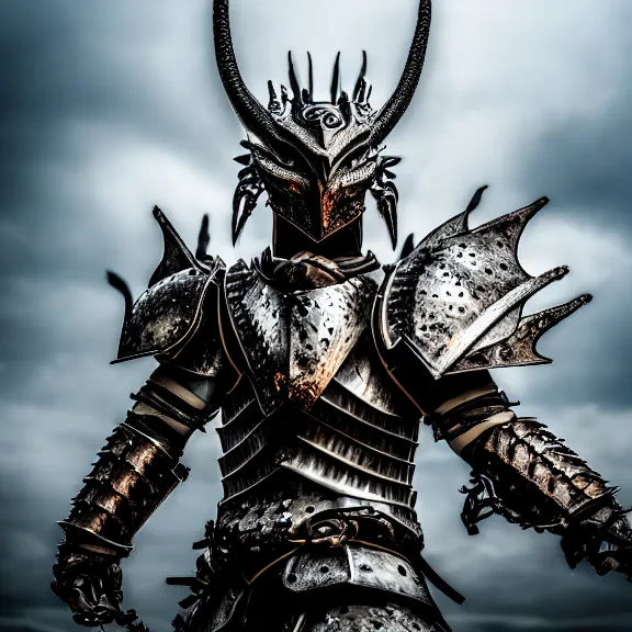 Image similar to photo of a warrior with metal dragon theme armour, 4 k, hdr, smooth, sharp focus, high resolution, award - winning photo