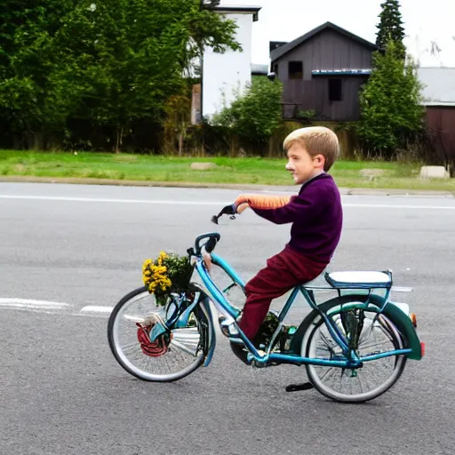 Image similar to a boy on a bike delivering volkswagens,