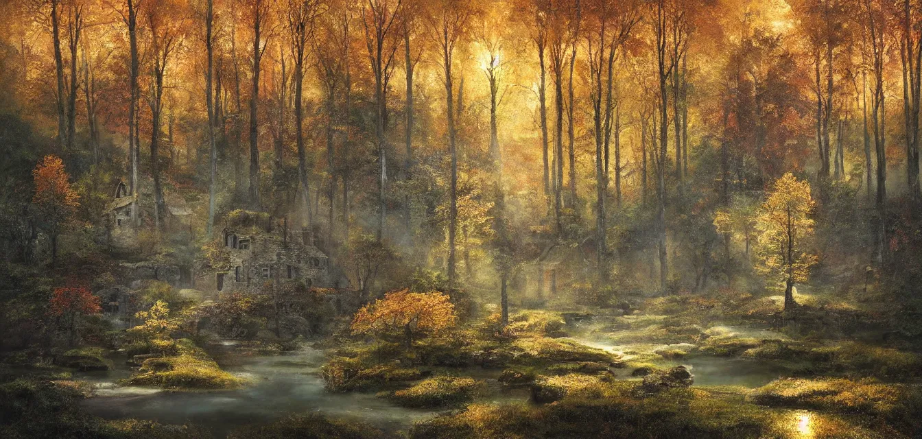 Image similar to a painting of sparse stone cottages underneath a dense tall forest, with pristine reflex from cascading ponds. gorgeous, elegant, sophisticated, an ultrafine painting, intricate brush strokes, bright depth oil colors, photography by araken alcantara. mist diffuse promiseful illumination, autumn sunrise warm light, detailed and intricate environment of hopeful bodyscapes