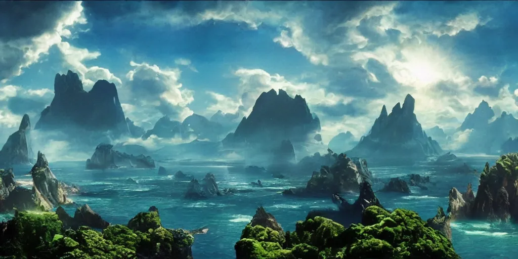 Prompt: Matte painting from the film avatar, islands are floating in the sky, gorgeous sky, science-fiction