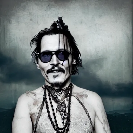 Prompt: portrait of mischievous, dangerous old Johnny Depp, smiling as a queen of fairies, dressed in a worn out silver dress, wearing round sunglasses. The background is a dark, creepy Middle eastern desert. night, horroristic shadows, high contrasts, lumnious, foggy effect, photorealistic, dreamlike, mist filters, theatrical, oil canvas art by Henry Meynell Rheam and Cesare Saccaggi