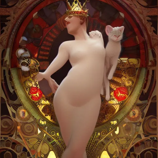 Image similar to King Among Kittens, octane render, volumetric lighting, by Alphonse Mucha, trending on Artstation