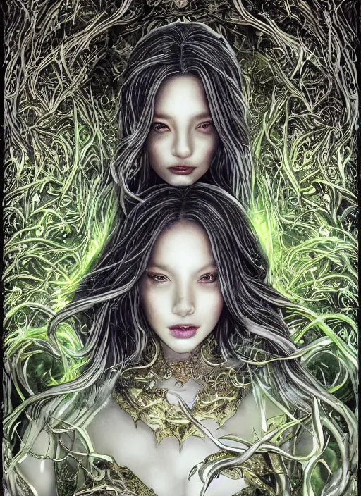 Image similar to glowing silver and golden elements, full close-up portrait, A beautiful dark witch in front of the full big moon, book cover, green forest, red white black colors, establishing shot, extremly high detail, foto realistic, cinematic lighting, pen and ink, intricate line drawings, by Yoshitaka Amano, Ruan Jia, Kentaro Miura, Artgerm, post processed, concept art, artstation, matte painting, style by eddie, raphael lacoste, alex ross