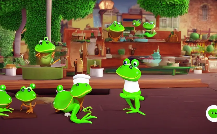 Image similar to ps 4 game about a cute frog chef in italy, unity screenshot,