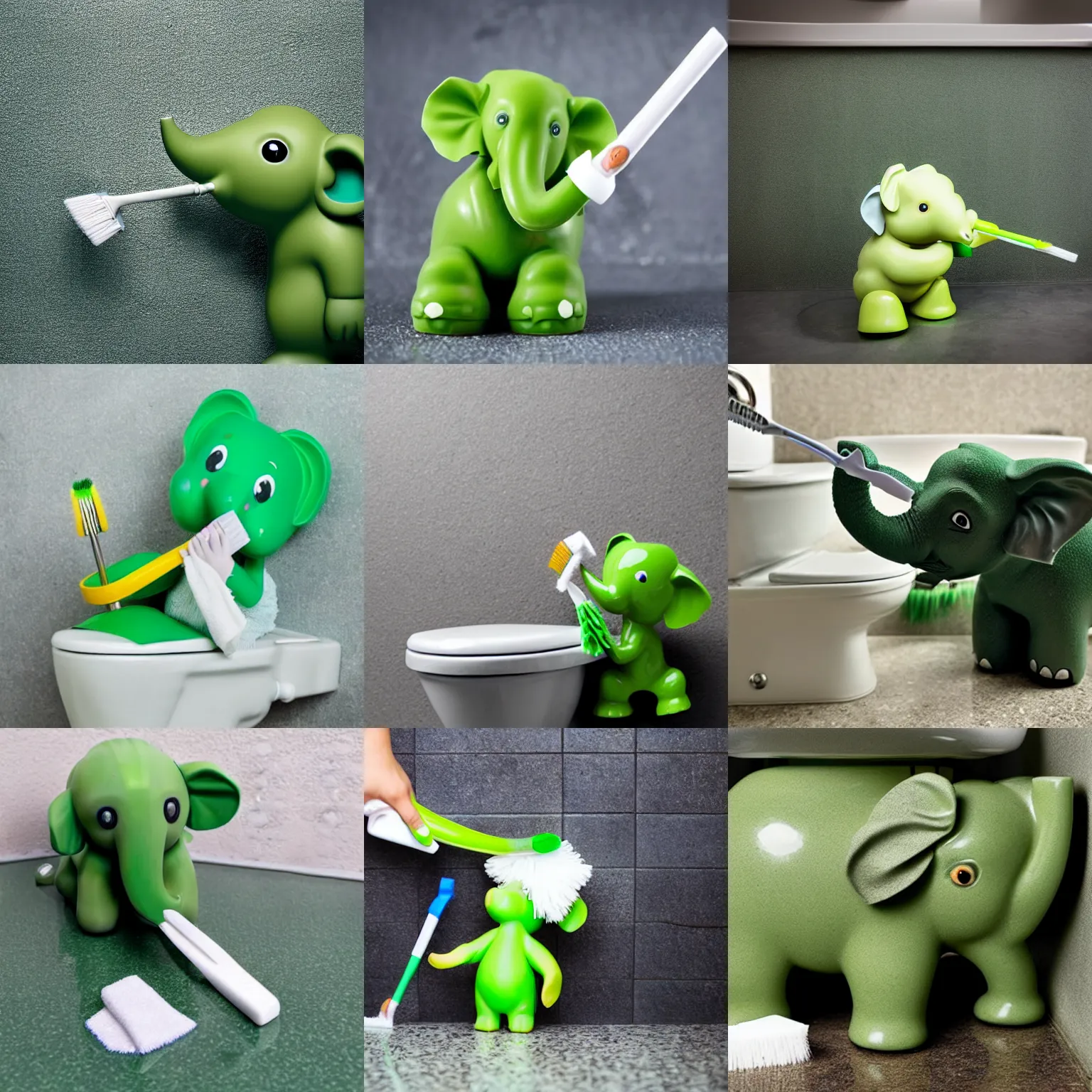 Prompt: cute little green elephant cleaning out a toilet with big toothbrush