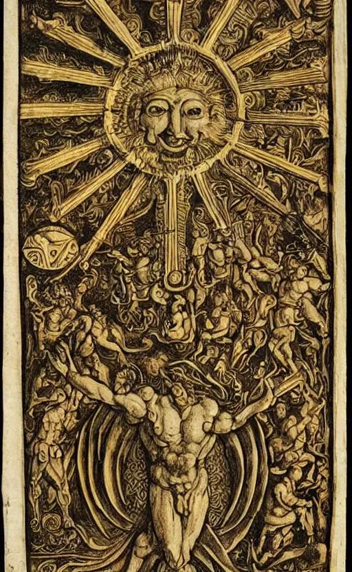Image similar to an extremely detailed manuscript depicting a monstrous image of the god apollo transforming into a stylized sun, medieval, renaissance, manuscript, woodcut, in the style of albrecht durer, alchemical symbols