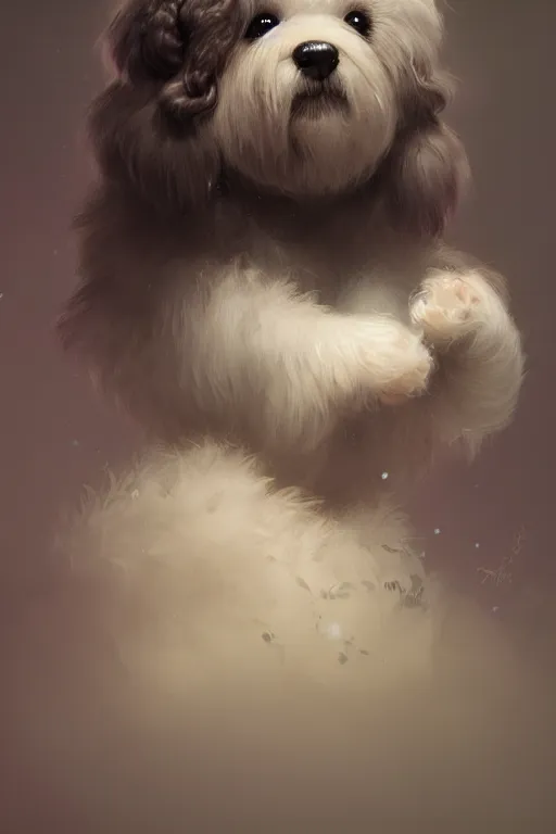 Image similar to cute adorable shih-poo, realistic and ultra intricate detailed soft painting, volumetric lighting, mist, Artstation, Tom Bagshaw Yasushi Nirasawa Moebius artstyle, unreal render, depth of field