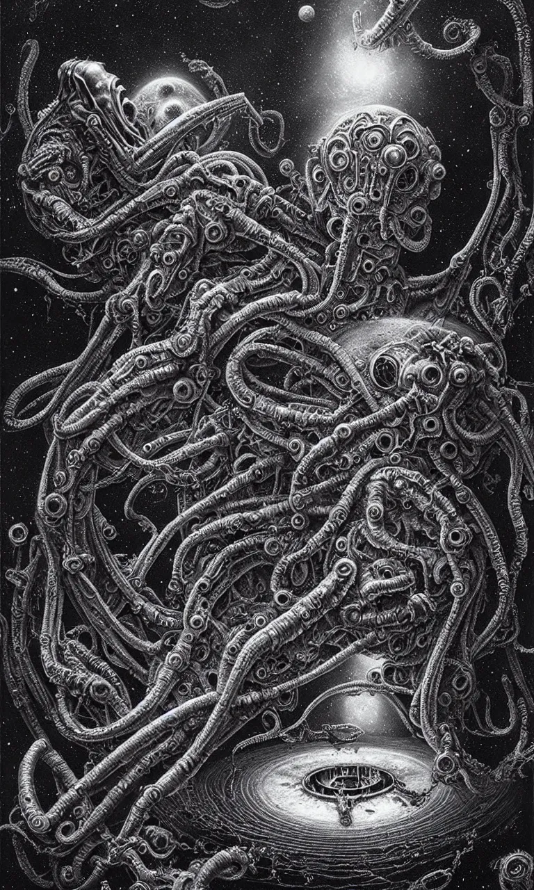 Image similar to 3D Lovecraftian and Astronaut pareidolia, cosmic horror concept, discovery concept, engineered by H.R. Giger, painter by gustave doré