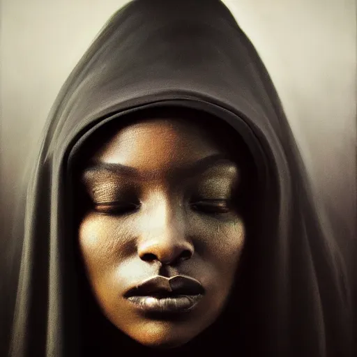 Image similar to a portrait of a young black woman wearing a long dark cloak, hood and shadows covering face, anatomically correct, beautiful perfect face, enigmatic, oil painting, matte painting, black background, Volumetric dynamic lighting, Highly Detailed, Cinematic Lighting, Unreal Engine, 8k, HD, by Beksinski