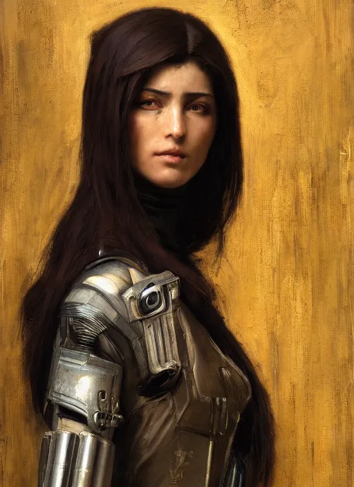 Prompt: Maria. beautiful cyberpunk assassin wearing a military vest and military stealthsuit (cyberpunk 2077). gorgeous face. Iranian orientalist portrait by john william waterhouse and Edwin Longsden Long and Theodore Ralli and Nasreddine Dinet, oil on canvas. Cinematic, hyper realism, realistic proportions, dramatic lighting, high detail 4k