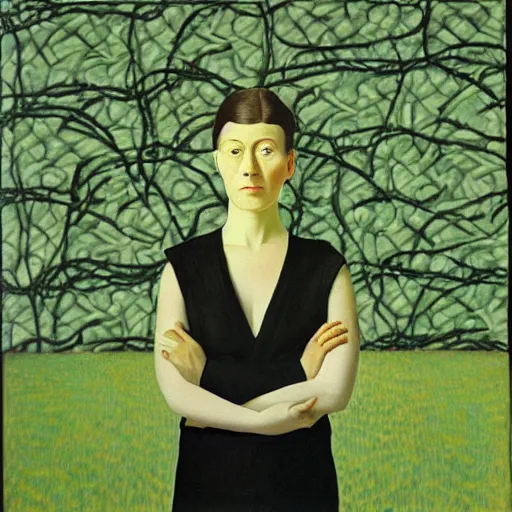 Image similar to portrait an artist in her apartment, wrapped in vines, black walls, puddles, moss, stone, acrylic on canvas, by magritte