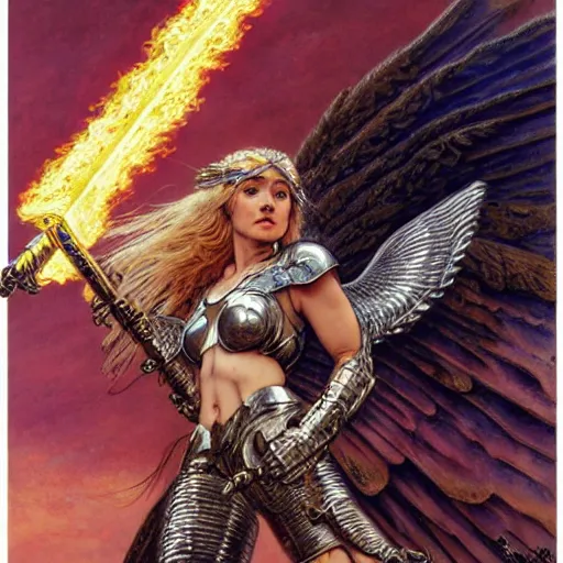 Image similar to quarter length portrait of a winged, armored female valkyrie with a flaming sword, d & d, fantasy, luis royo, magali villeneuve, donato giancola, wlop, krenz cushart, hans zatka, klimt, alphonse mucha
