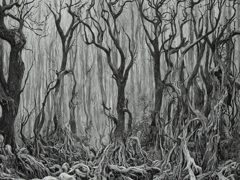 Image similar to dense ancient forest, artstation, by aubrey beardsley, by caspar david friedrich, by laurie lipton, by kay nielsen, by ivan shishkin, calligraphy, divine, paradox, gnarly trees, terrifying, witchcraft!, hope, mountains background