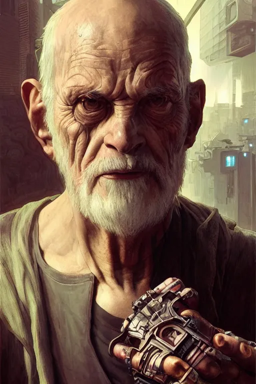 Image similar to cyberpunk old man, augmented, cyborg, movie poster, normal hands, normal legs, cinematic lighting, intricate, rugged, highly detailed, digital painting, artstation, smooth, sharp focus, illustration, art by artgerm and greg rutkowski and alphonse mucha and Wayne Barlowe and william-adolphe bouguereau