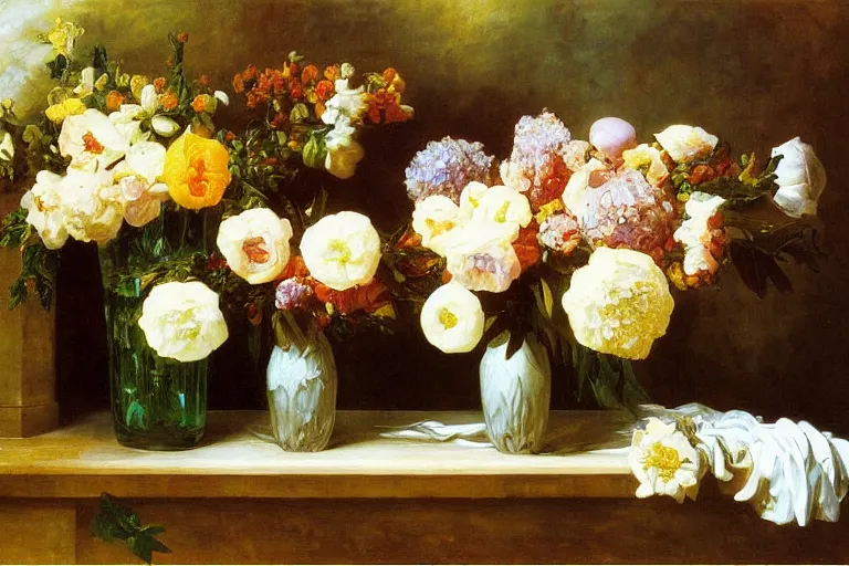 Image similar to vase of melting flowers, surreal oil painting, luminous, highly detailed, dream like, made by frederic leighton, jan davidsz