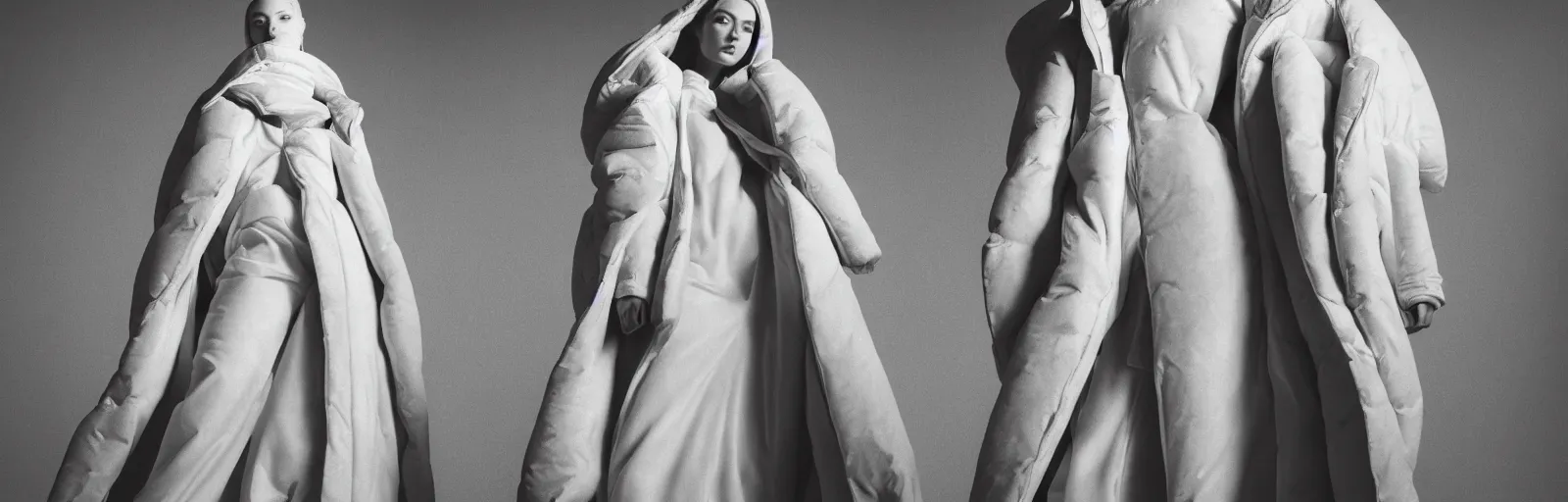 Image similar to well lit fashion shoot portrait of extremely beautiful female marble statue wearing huge over size puffer jacket by dingyun zhang, yeezy, balenciaga, vetements, a cold wall, sharp focus, clear, detailed,, cinematic, detailed, off white, glamourous, symmetrical, vogue, editorial, fashion, magazine shoot, glossy