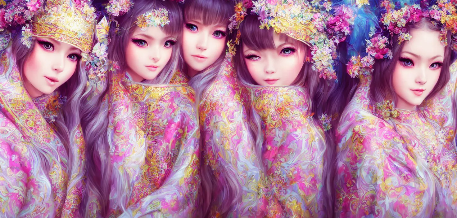 Image similar to two beautiful fashion siberian girls wear fantasy kimono in festival | | big eyes, sunny, dreamlike art, realistic shaded, smile, good looking, hyper details, 4 k realistic, cryengine, realistic shaded lighting poster by artgerm, ross tran, fuji choko, loish, 8 k resolution, trending on artstation, luxury