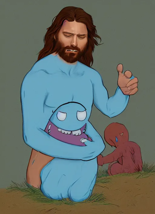 Image similar to portrait of jesus caring for mr meeseeks, photorealistic, golden hour, detailed matte painting, cinematic, in the style of Simon Dewey and Alan Lee, artstation,