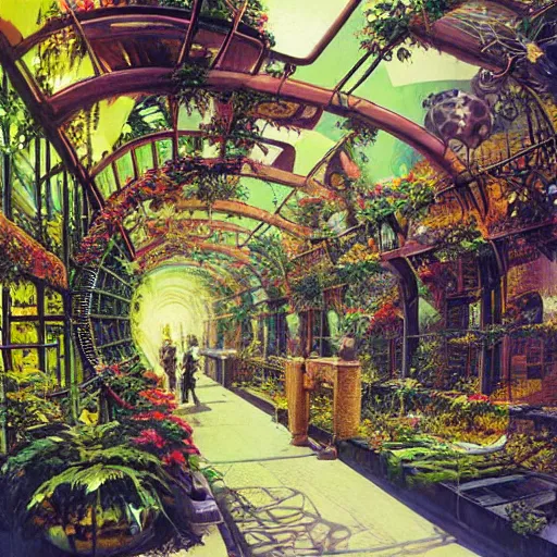 Image similar to steampunk walkway garden geometric hyper realism airbush digital art detailed by john berkey, paul lehr, syd mead, m. c. escher, james christensen, wlop, artgerm, frank gehry