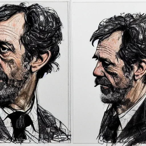 Image similar to a realistic yet scraggly portrait sketch of the side profile of a stern and sophisticated hugh laurie, trending on artstation, intricate details, in the style of frank auerbach, in the style of sergio aragones, in the style of martin ansin, in the style of david aja, in the style of mattias adolfsson