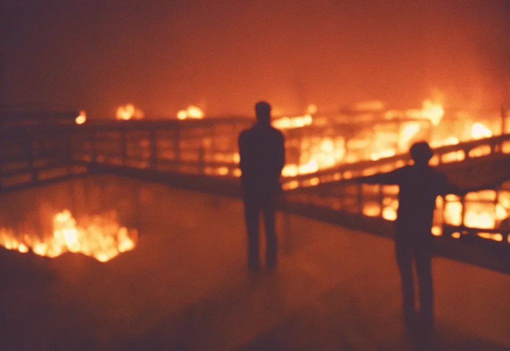 Image similar to lomo photo of a man standing on top of a burning bridge, cinestill, bokeh, out of focus, night, dramatic lighting