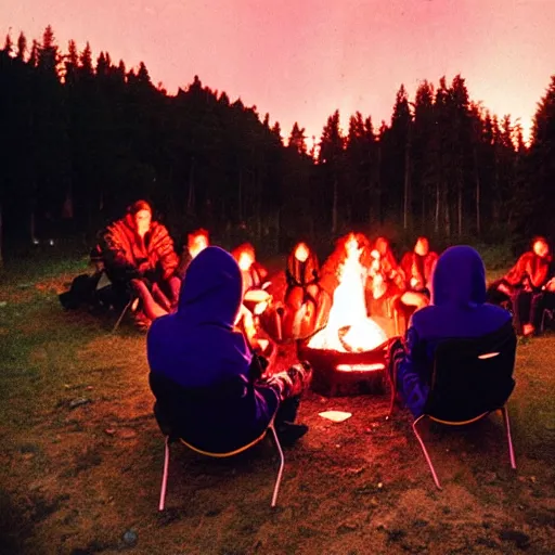 Image similar to grainy 90s poloraid photo of a young woman wearing a Synthwave style hoodie near a campfire, sitting with friends; vintage image artifacts