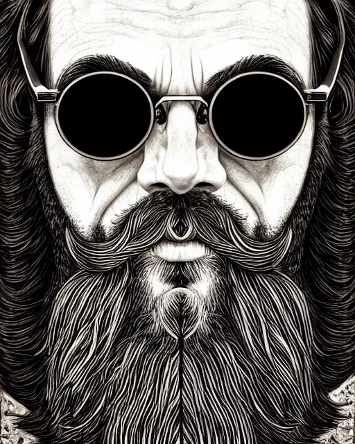 Prompt: detailed hipster skinny man with sunglasses, long fires beard, dmt, by james gurney + intricate and vibrant work + portrait + trending on artstation + incredible gothic illustration + exquisite detail
