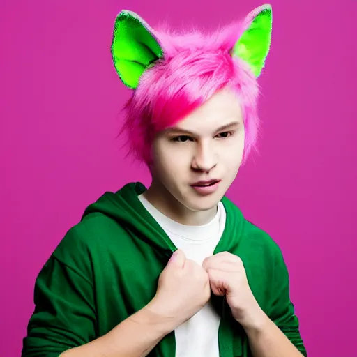 Prompt: cute young man with pink hair and pink wolf ears wearing a collar and a green hoodie