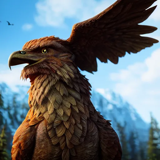 Prompt: griffin over a small hut highly detailed, photorealistic portrait, bright studio setting, studio lighting, crisp quality and light reflections, unreal engine 5 quality render