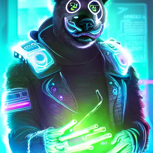 Image similar to cyberpunk panda, neon, stylized, artgerm, artstation, hd, cgsociety, cgi, realistic, dramatic, cinematic, artistic, trending, detailed