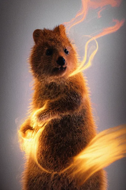 Prompt: detailed illustration, a quokka as a 1 9 8 0 s wrestling action figure, ultra realistic, dramatic lighting, thick black swirling smoke tornado, artstation