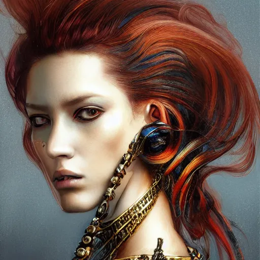 Image similar to portrait, headshot, insanely nice professional hair style, dramatic hair color, digital painting, of a old 17th century, old cyborg merchant, amber jewels, baroque, ornate clothing, scifi, realistic, hyperdetailed, chiaroscuro, concept art, art by Franz Hals and Jon Foster and Ayami Kojima and Amano and Karol Bak,