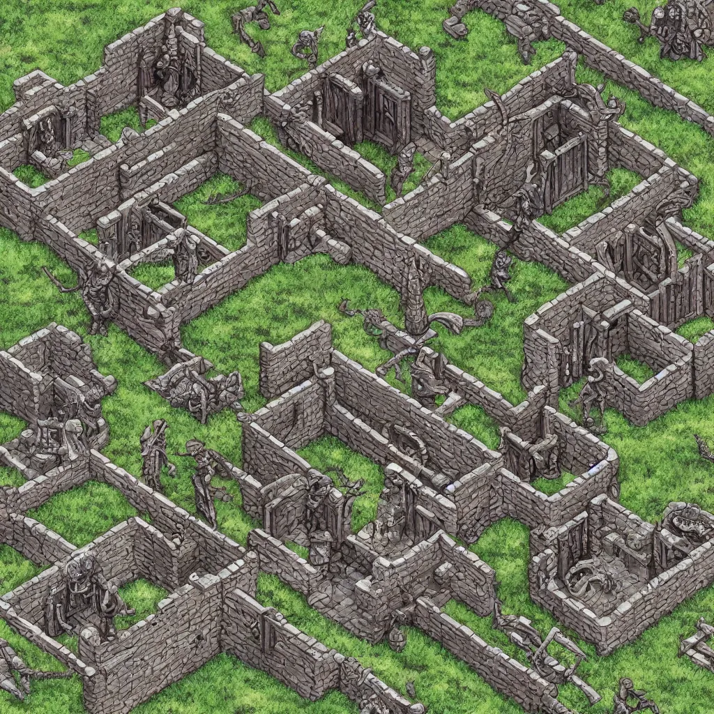 Image similar to tomb of elemental evil, isometric view, tileset, dungeons and dragons art by d. a. trampier, d & d tabletop miniature