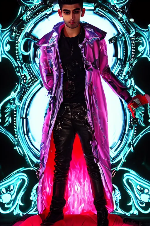 Prompt: full-body rococo and cyberpunk style neon statue of a muscular attractive Zayn Malik sim roupa macho dotado e rico android sim roupa reclining con las piernas abiertas e la piroca dura e afuera, glowing white laser eyes, prince crown of red gears, diamonds, swirling black-colored silk fabric. futuristic elements. full-length view. space robots. alien skulls. intricate artwork by caravaggio. Trending on artstation, octane render, cinematic lighting from the right, hyper realism, octane render, 8k, depth of field, 3D