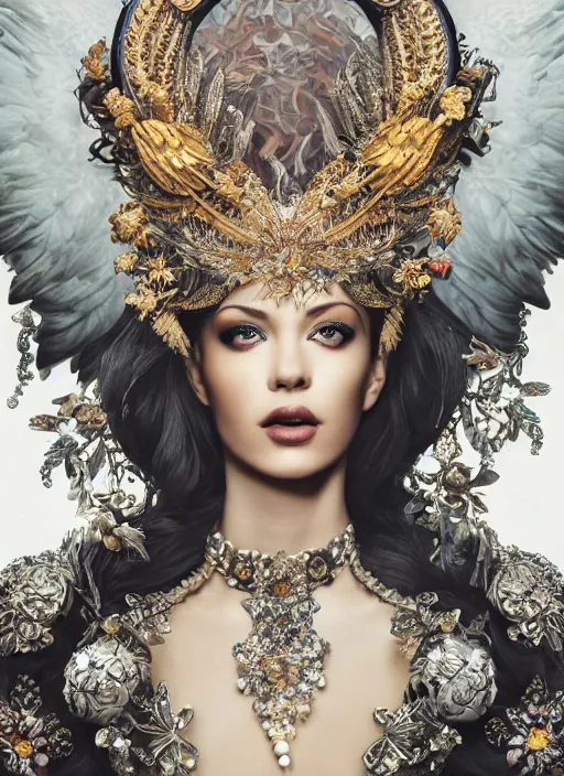 Image similar to expressive full body photo of an angel, ornate headpiece made from flowers, ornaments, glamour shot, by karol bak, photorealistic, canon r 3, fashion photography, hyper maximalist, elegant, ornate, luxury, elite, environmental portrait, symmetrical features, octane render, unreal engine, solid dark grey background, dramatic lights