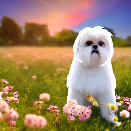 Prompt: white shih tzu in a field full of flowers, photo realistic, with a sunset