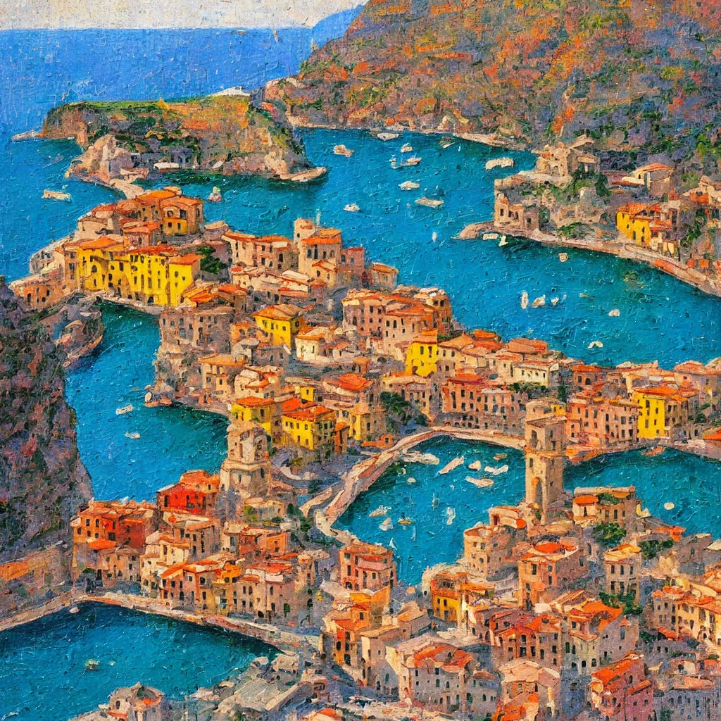 Prompt: ,Atrani Italy,thick heavy impasto,expressive impressionist style,painted with a palette knife