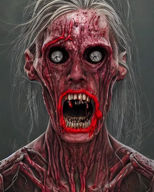 Image similar to Haunting horrifying hyperrealistic detailed painting of a tall slim flesh extraterrestrial creature covered in thick black blood, heavy metal, disgusting, creepy, unsettling, and bloodshot eyeballs, hyper detailed, trending on Artstation