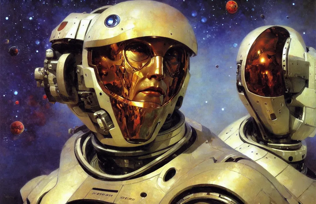 Image similar to portrait of futuristic space robot!!!!!!!!!!!!!!!!!!!!!!!!!!!, detailed face, detailed painting, epic lighting, by ilya repin, phil hale and kent williams