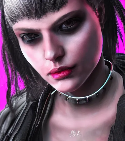 Image similar to detailed realistic female character cyberpunk wearing thick steel collar around neck, realistic, art, beautiful, 4K, collar, choker, collar around neck, punk, artstation, detailed, female, woman, choker, cyberpunk, neon, punk, collar, choker, collar around neck, thick collar, choker around neck,