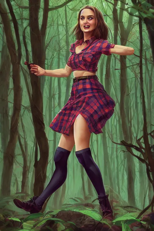 Image similar to natalie portman as a girl in a dark forest, detailed plaid miniskirt, beautiful upper body, by dan mumford, anime style, octane render, trending on artstation