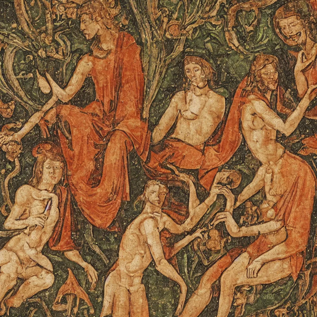 Image similar to medieval fresco of a man and woman eating psychedelic mushrooms in the garden of eden