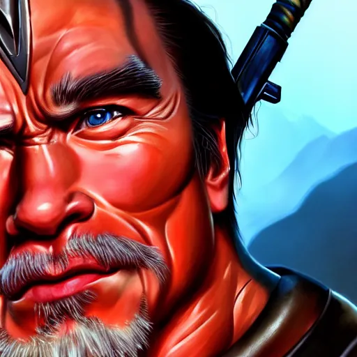 Image similar to a screenshot of arnold schwarzenegger as hanzo in overwatch, portrait, fantasy, beautiful face, vivid colors, elegant, concept art, sharp focus, digital art, hyper - realistic, 4 k, unreal engine, highly detailed, hd, dramatic lighting by brom, trending on artstation