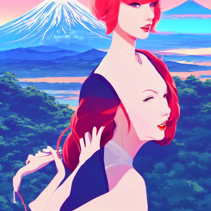 Image similar to portrait of taylor swift, mount fuji background, rich vivid colors, ambient lighting, dynamic lighting, 4 k, hq, official media, anime key visual, makoto shinkai, ilya kuvshinov, lois van baarle, rossdraws, detailed, trending on artstation